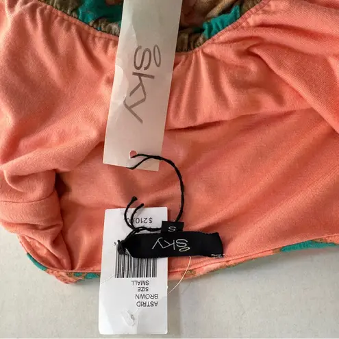 NWT SKY snakeprint ruched drape front turquoise stone embellishment halter top S Orange