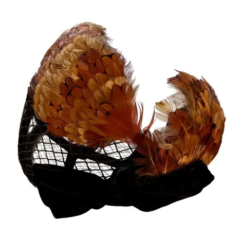 Vintage 1950's Feather Fascinator Hat Black Birdcage Veil 5.5" W x 14" L Brown