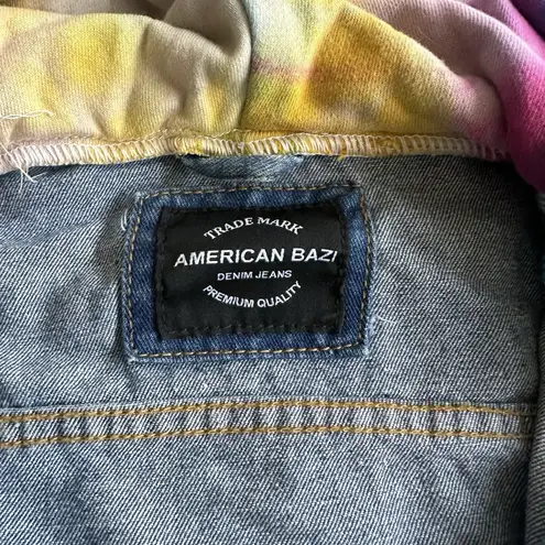 American Bazi Hooded Denim women Jacket With Tie-Dye Trim cropped distressed