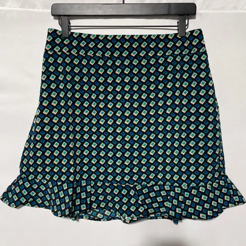 Band Of The Free New Diamond Print Ruffle Mini Skirt Colette Black Teal Sz Large