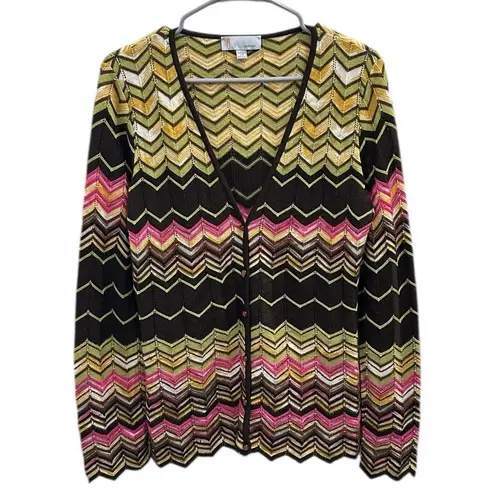 M Missoni Brown Pink Yellow Green Metallic Chevron Knit ZigZag Cardigan Size 12