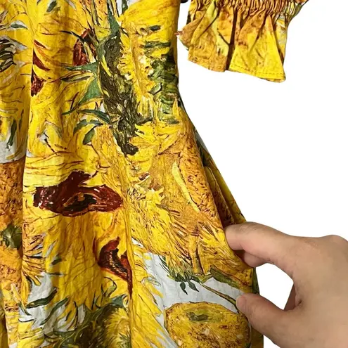 Selkie Tea Rose Dress Women’s Size Small Sunflowers Cotton Midi Puff Sleeve Yellow