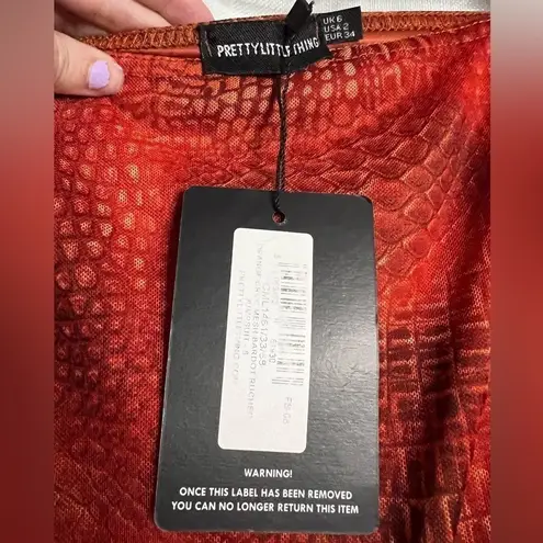 Pretty Little Thing  Orange Croc Mesh Bardot Ruched Jumpsuit 2 - Image 7