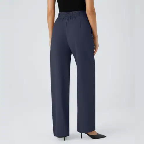 Halara Navy Blue High Waisted Smocked Straight Leg Petite Work Pants Trousers