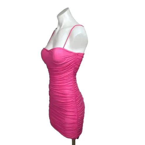 Revolve  Superdown Emmie Neon Pink Ruched Mesh Mini Strap Bodycon Dress Size XS