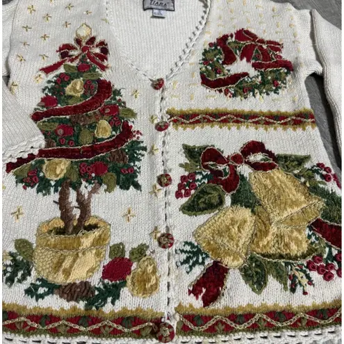 Tiara International VTG Women's 90s Tiara Ugly Christmas Sweater Beige Topiary Wreath Bells Sz S