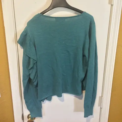 John + Jenn women's teal ruffle draped trim deep vneck nylon wool blend sweater