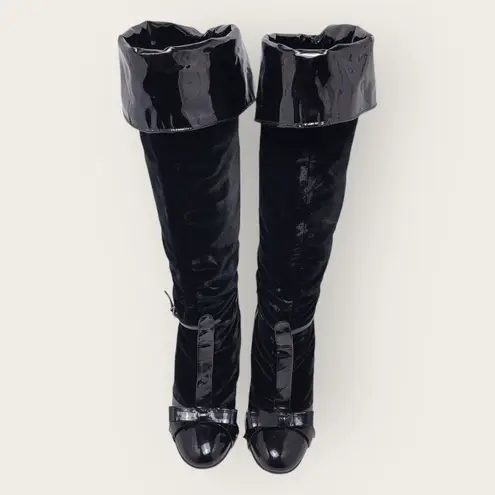 Laurence Dacade Velvet Patent Leather Bow Knee High Wedge Heels Boot Size 38 Black