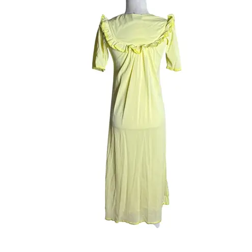 Vintage Nylon Nightgown Ruffled Collar Small Yellow Floral Embroidery Maxi