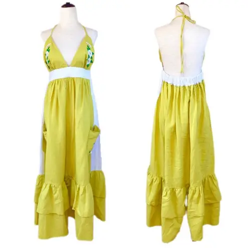 FANM MON Yamile 100% Linen Halter Midi Dress Floral Embroidered Yellow XL New
