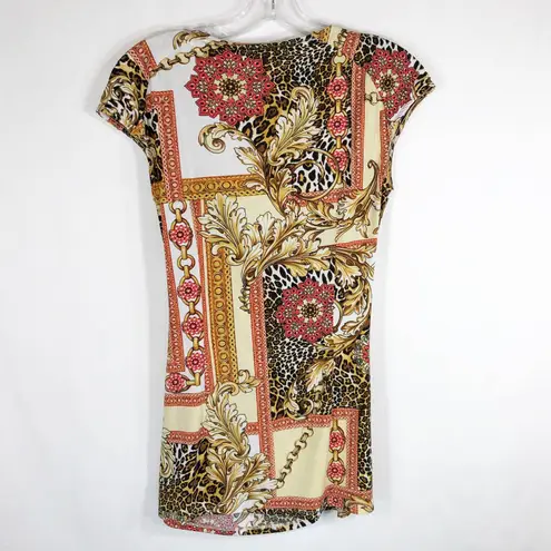 Cache Small Top Blouse Drape V Neck Faux Wrap Gold Red Regal Animal Leaf 913