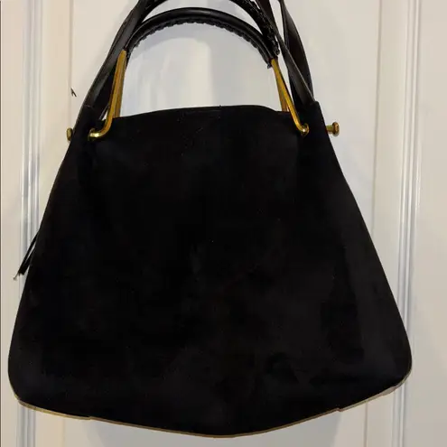 HOUSE OF HARLOW 1960 BLACK SUEDE BAG WITH SHOULDER STRAP AND GOLD TONED HANDLE