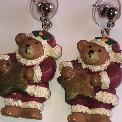 Vintage Festive Bear Earrings with Gold Tone Star Red