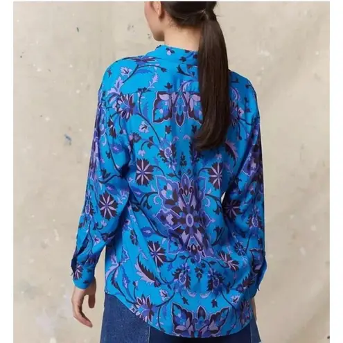 Gerard Darel Emile Floral Silk Button Up Blouse Turquoise FR 36 US 4
