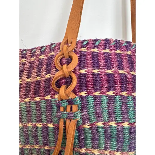 NWT Handwoven Purple & Teal Boho Retro Tote Bag with Leather Straps tassels