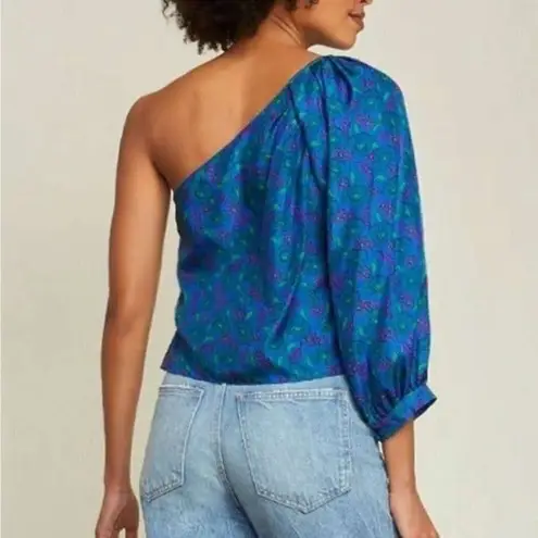Veronica Beard Lyric One Shoulder Silk Blouse Floral Cobalt Multi NEW