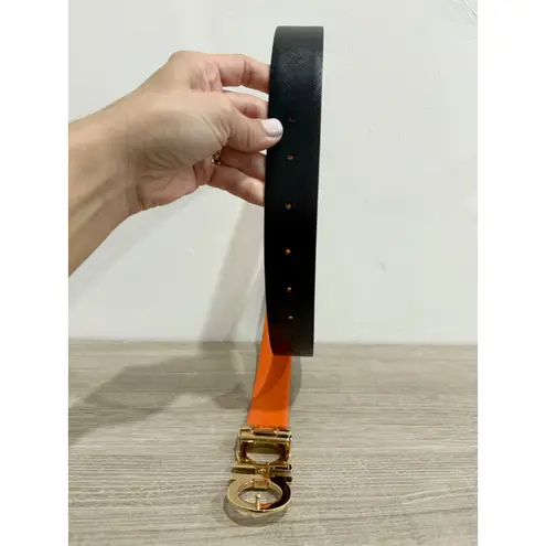 Ferragamo Salvatore Orange/Black Leather Gancini Buckle Reversible Belt 34''