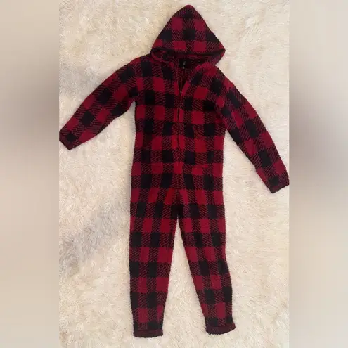 SKIMS NWOT Unisex Red Black Brick Buffalo Check Cozy Knit Onesie Size S/M