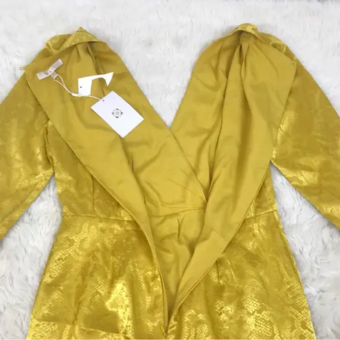 WAYF Yellow Gold Snake Print Long Sleeve Mini Dress Ruched Low Cut Large New