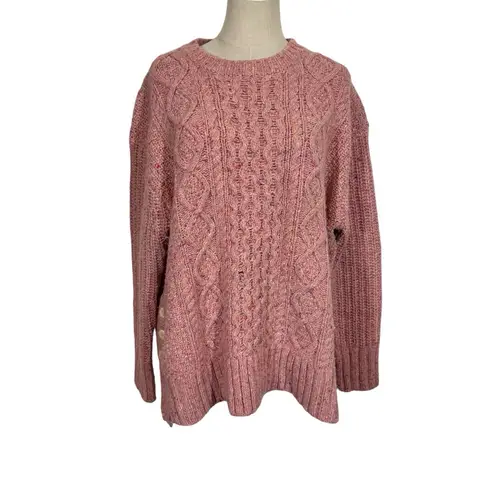 Alex Mill Button Side Aran Cable Knit Merino Wool Sweater in Dried Rose Pink Size XXL