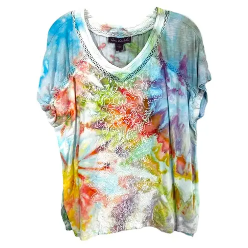 Gloria Vanderbilt XL Top Handmade Tie Dye Embroidered Crochet Neck Colorful 1525