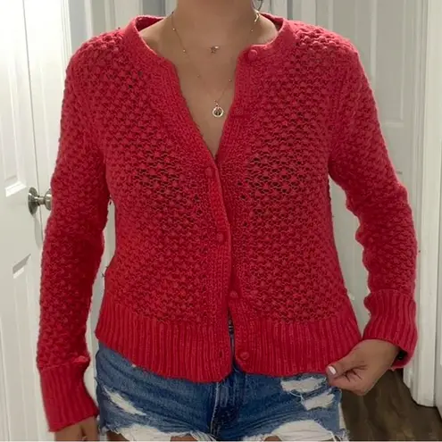 LL Bean Coral Red Cardigan Sweater Chunky Knit Button Up Lg Lagenlook Preppy