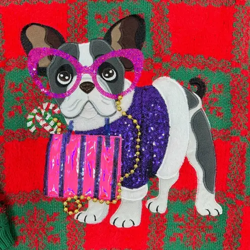 Holiday Time  Fancy Dog Checkerboard Fuzzy Ugly Christmas Sweater Red 3X Oversize