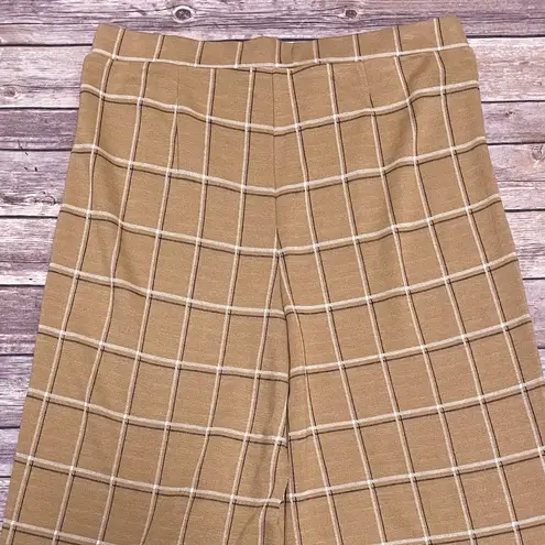 J Jill Camel Ivory Black Plaid Knit Full Leg Cropped Pants Medium Ponte Pull On Tan