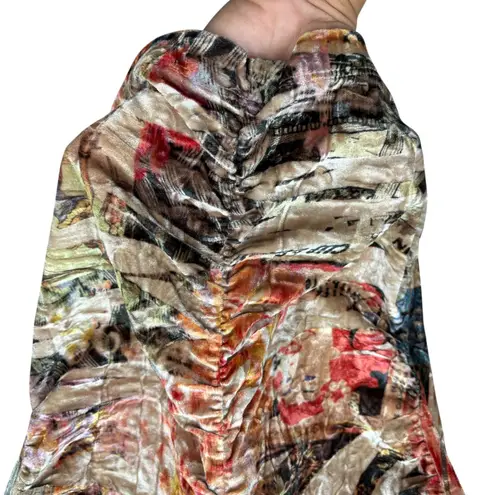 Vintage CLIO Women's Velvet Ruched Top Long Sleeve V Neck Graphic Retro Y2K M Tan Size M