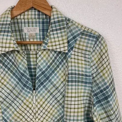 Christopher & Banks  Tie Dye Plaid 1/4 Zip Woven Blouse Size L