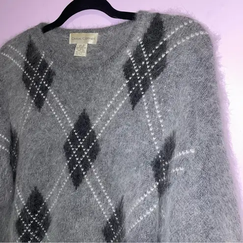 Vintage M Angora Blend Argyle Sweater Gray Eyelash Knit Size M