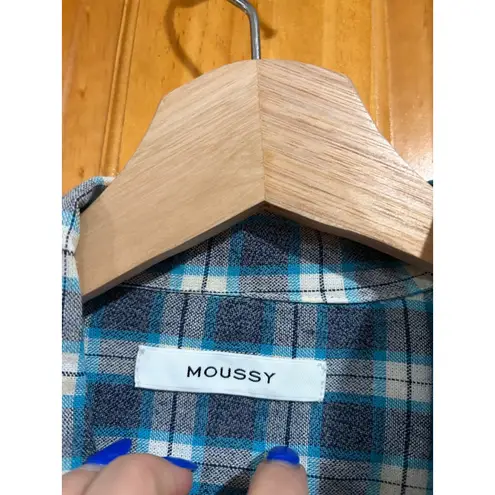 MOUSSY Plaid Cotton Button Down Shirt Blue Check Oversized Free Size Japan