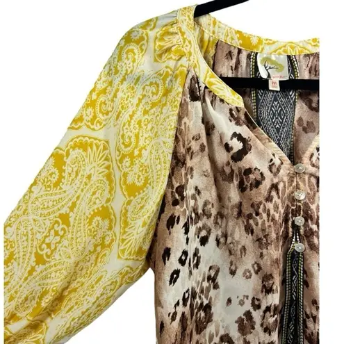 Fig and‎ Flower Boho Mixed Animal Print Blouse Top Size Medium Bohemian Peasant Yellow - Image 5