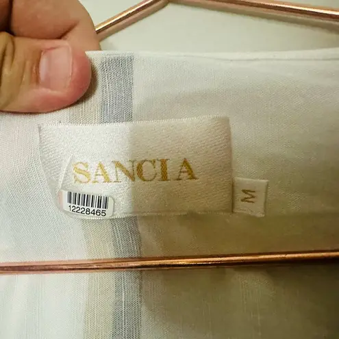 SANCIA Anika White Linen Blend Striped Waist Tie Midi Dress Size Medium