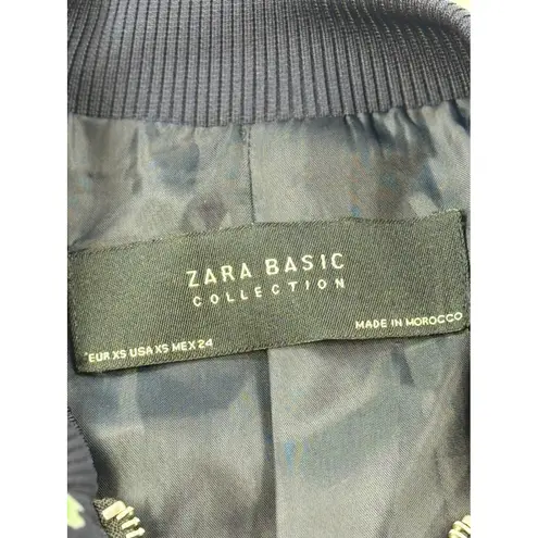 Zara Basic Floral Bomber Jacket Size XS Navy Blue Orange Green Flowers