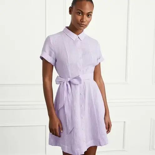 Hill House Laura Pinstripe Lilac Belted Linen Shirt Dress