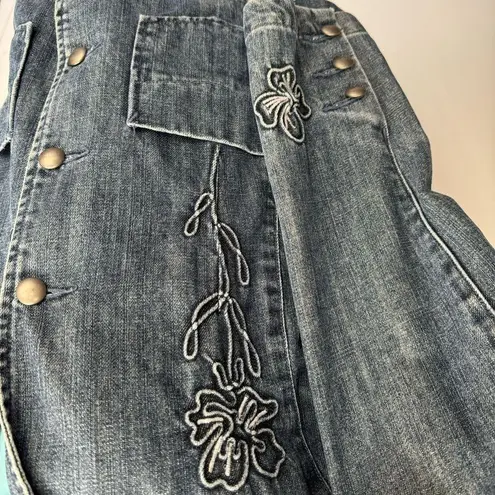 Christopher & Banks  Blue Denim Embroidered Flower Button Front Jean Jacket L