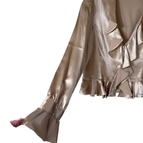 Bloomingdales Vintage Satin Ruffle Peplum Blouse SZ L Poet Sleeve Tan V Neck Button Up Romanti
