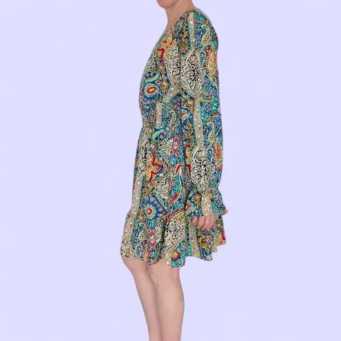 Retro Colorful Paisley Floral Abstract Hippie Long Sleeve Mini Dress Multiple Size M