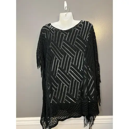 Crochet Poncho Womens One Size Black Open Knit Fringe Tassel Boho Cover Up