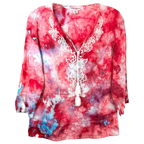 Artisan NY Medium Tunic Top Handmade Tie Dye Embroidered V Neck Boho Tassels 401