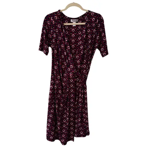 Motherhood Maternity Wrap Dress Geometric Print Short Sleeve Burgundy PinkBlue M Red Size M