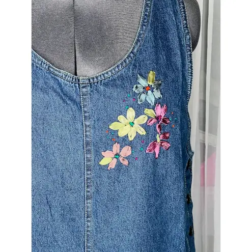 Christopher & Banks Jumper dress denim embroidered ribbon flowers 1990s