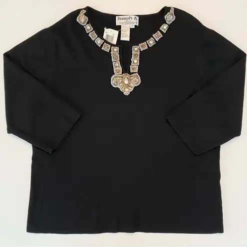 Joseph A Knit Sweater Embellished Jewel Beaded Neck Line Black Silver Gold 2X