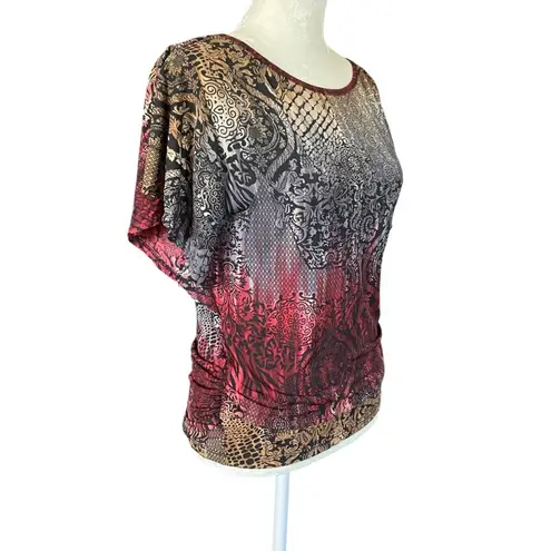 Women's multicolored short sleeve stretchy top cinched sides round neckline Size Please see measurements