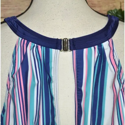 None Women's Blue Pink Striped Tankini Plus Size 3XL Stretch Umpire Waist Open Back