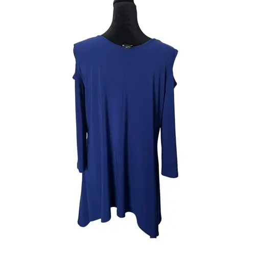 Clara Sun Woo Cold Shoulder Cut Out Tunic Womens M Blue Liquid Knit Slinky Size M