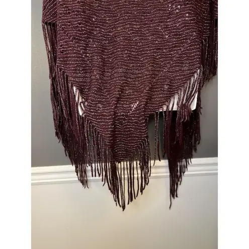 David and Young Poncho Womens One Size Burgundy Metallic Knit Fringe Ruana Wrap Red