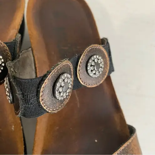 NAOT Marissa Metallic Bronze Strap Rhinestone Wedge Heel Leather Boho Sandal Size 7.5