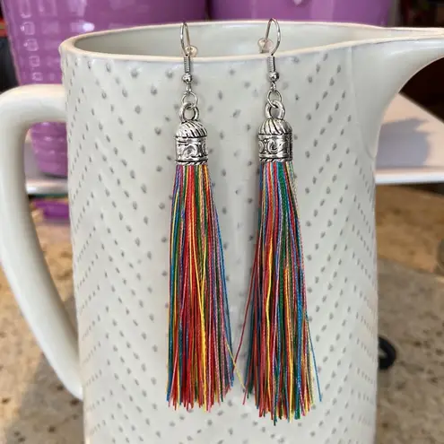 NEW! BOHO Silver & Rainbow Fringe Tassel Earrings Red